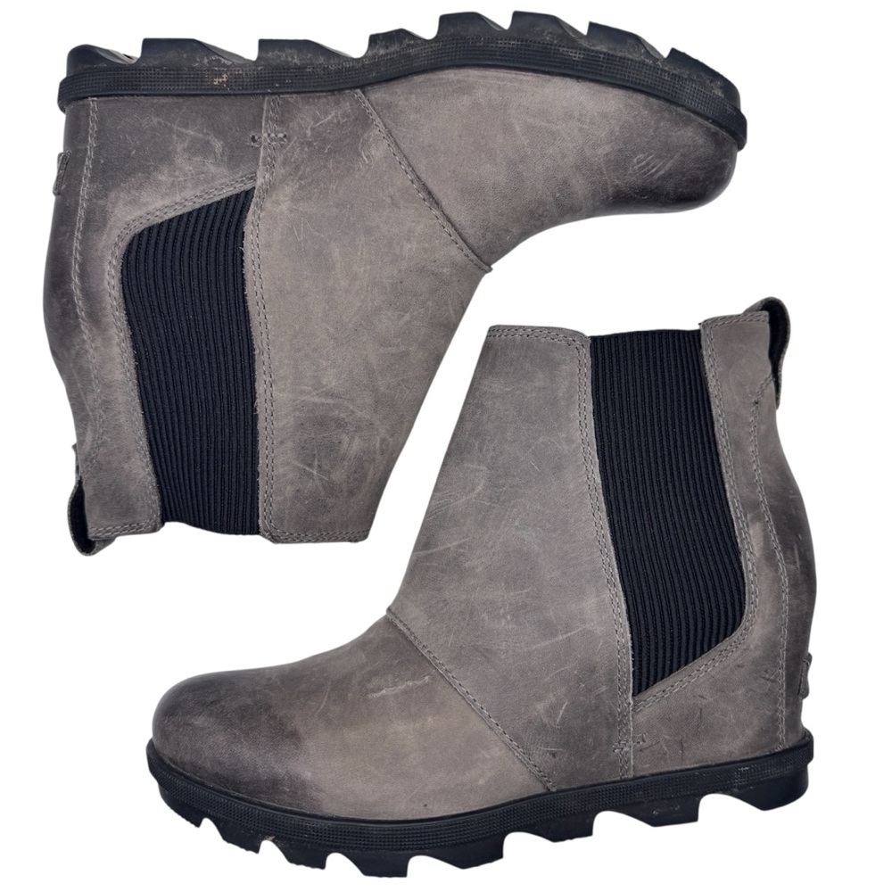 Sorel Joan Rhapsody Women's Gray Leather Ankle Boots Hidden Wedge - Size 8.5